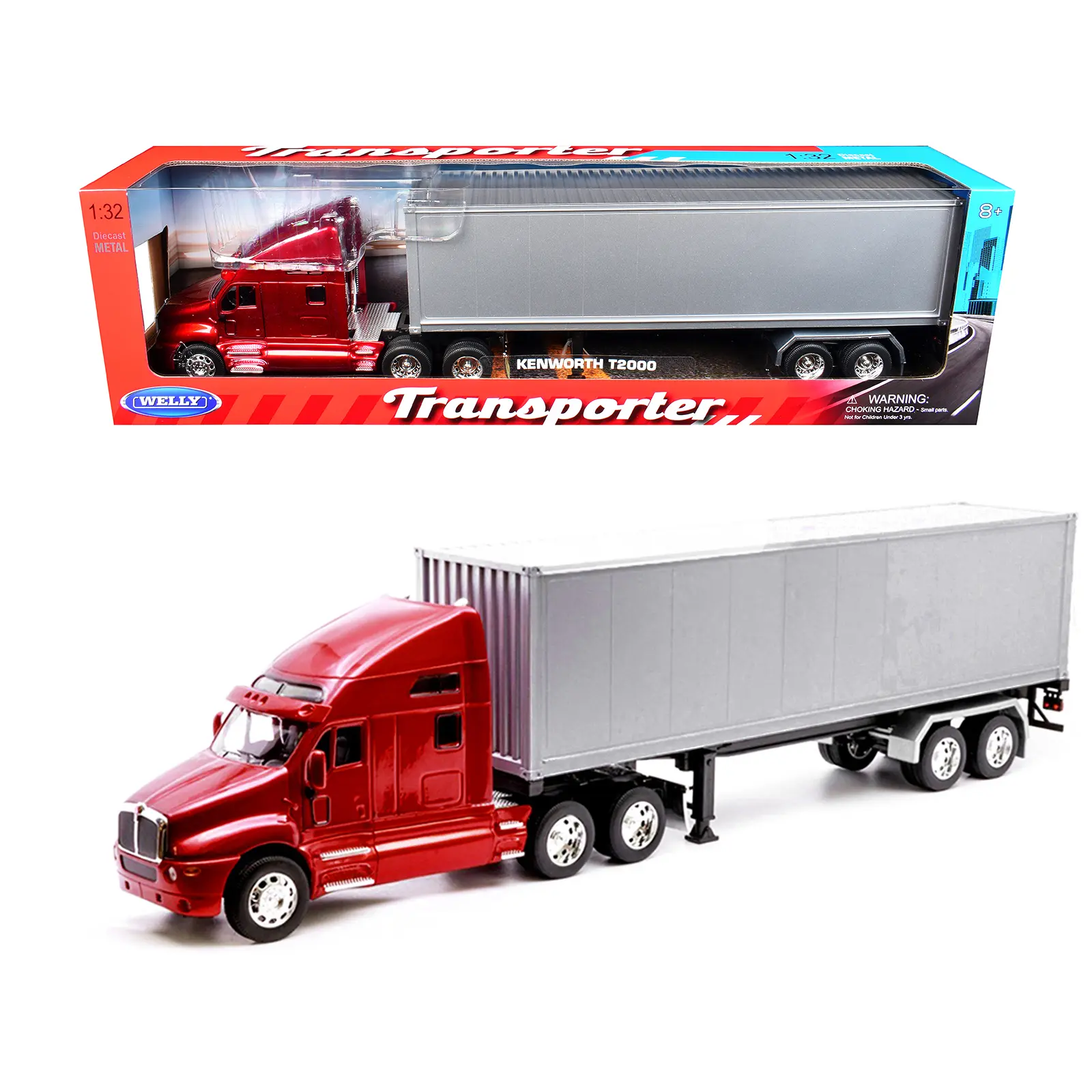 Kenworth T2000 Truck Red Metallic with Gray Container "Transporter" Series 1/32 Diecast Model by Welly