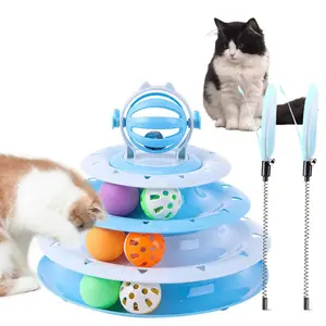 1PC Interactive 4-Tier Roller Track Cat Toys with Colorful Chase Balls, Rolling Ball & Funny Cat Stick for Stimulating Kitty Senses & Hunting Instincts Geometric Design Anti-Slip Pads Safe Durable Material