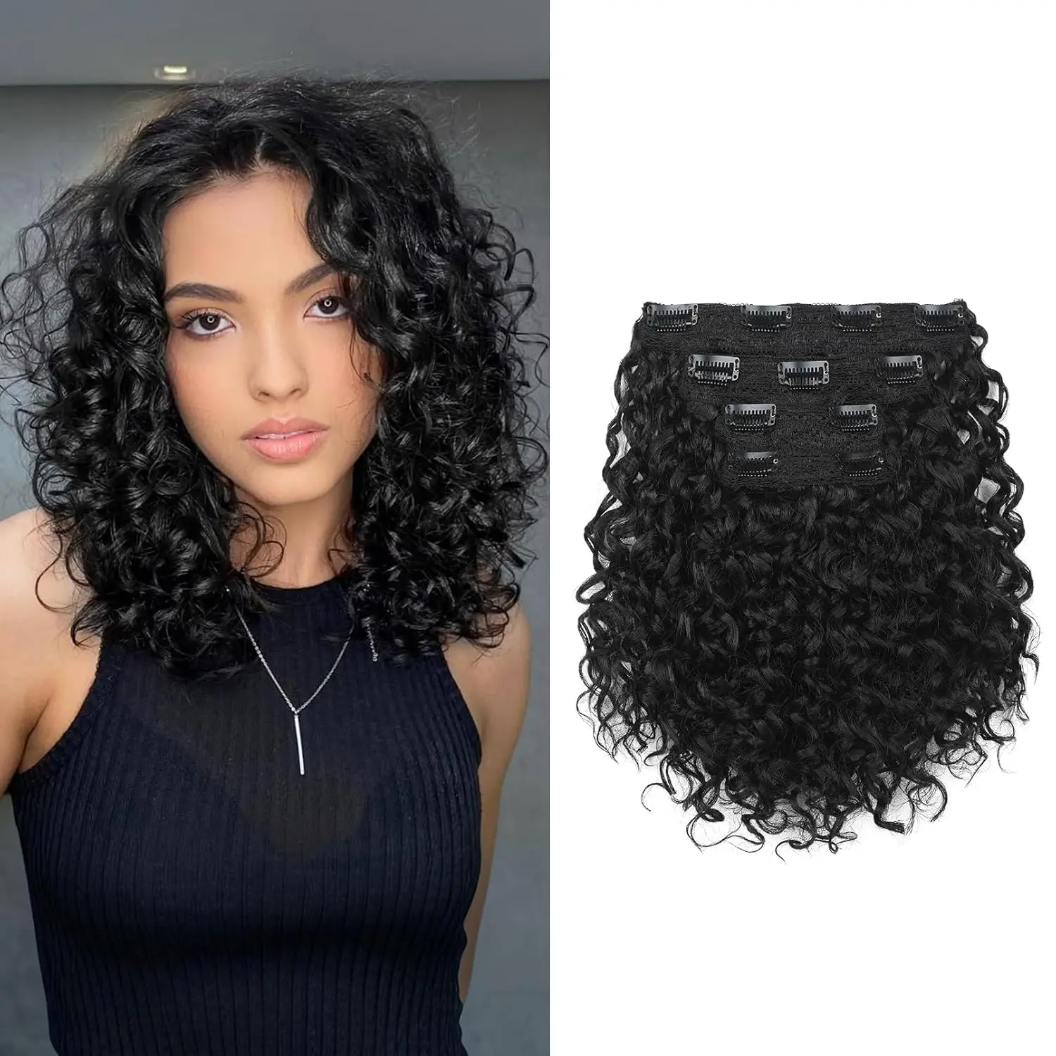 4 count Clip in Hair Extensions, 10 Inch 100 Pure Protein Silk Short Hairpiece Deep Curly Wavy Hair Extensions Clip in  Soft Hairpiece for Women-Black