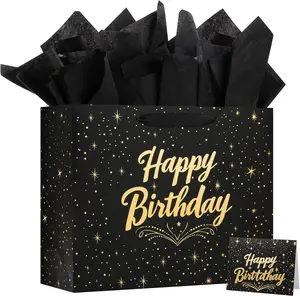 Large Happy Birthday  Bag with Tissue Paper and Greeting Card, Black  Bag for Men Women Birthday, Party, Medium size(1 PCS Black)