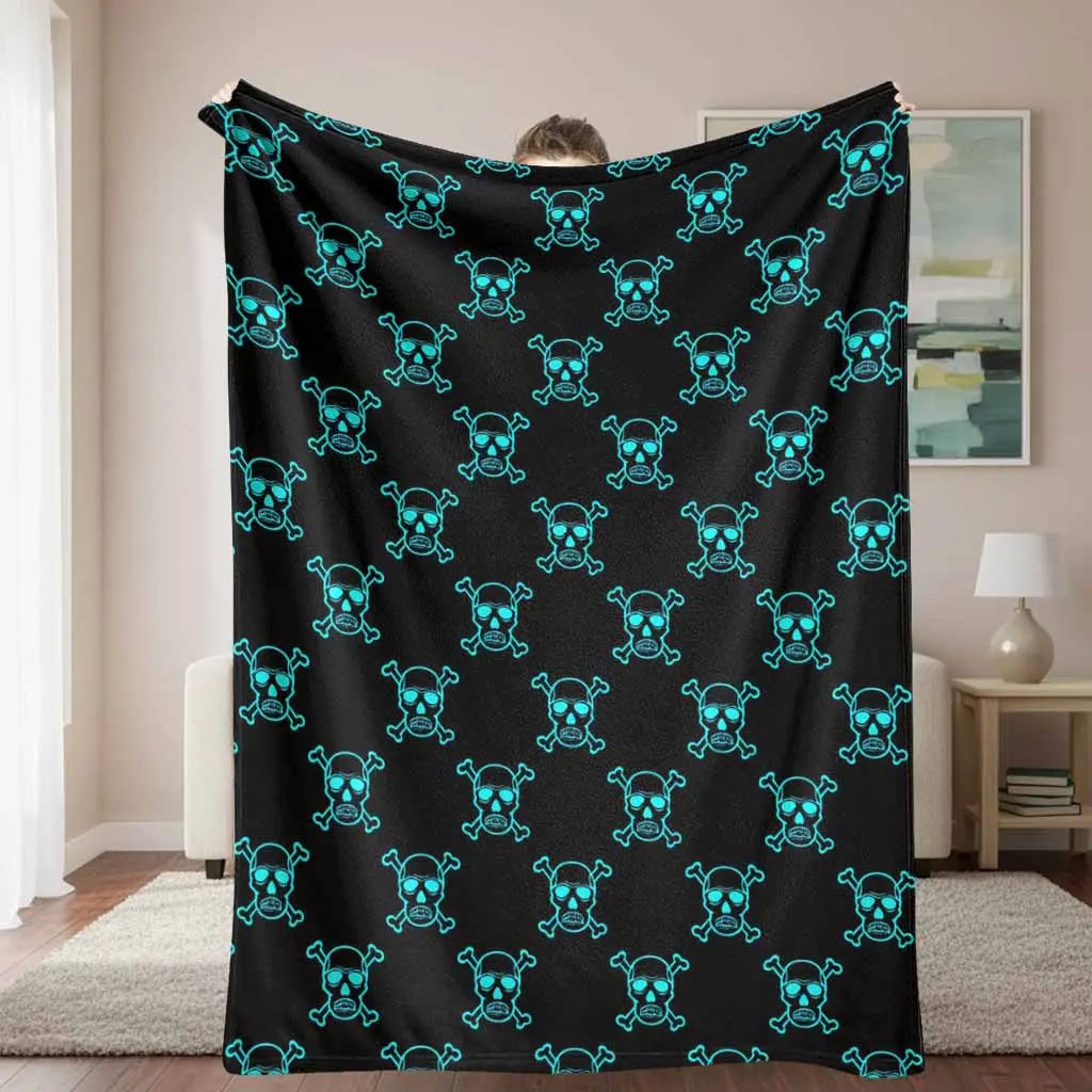 Gothic Skull Flannel Fleece Blanket - Neon Cyan Skeleton Pattern, Ultra Soft, Lightweight, Warm Plush Throw, Flannel Fabric, Ultra Soft Bedding, Bed & Sofa Use, Home & Travel Essential, Multi-Size, Ideal for Home Decor, Holiday Gifting, Plush Texture