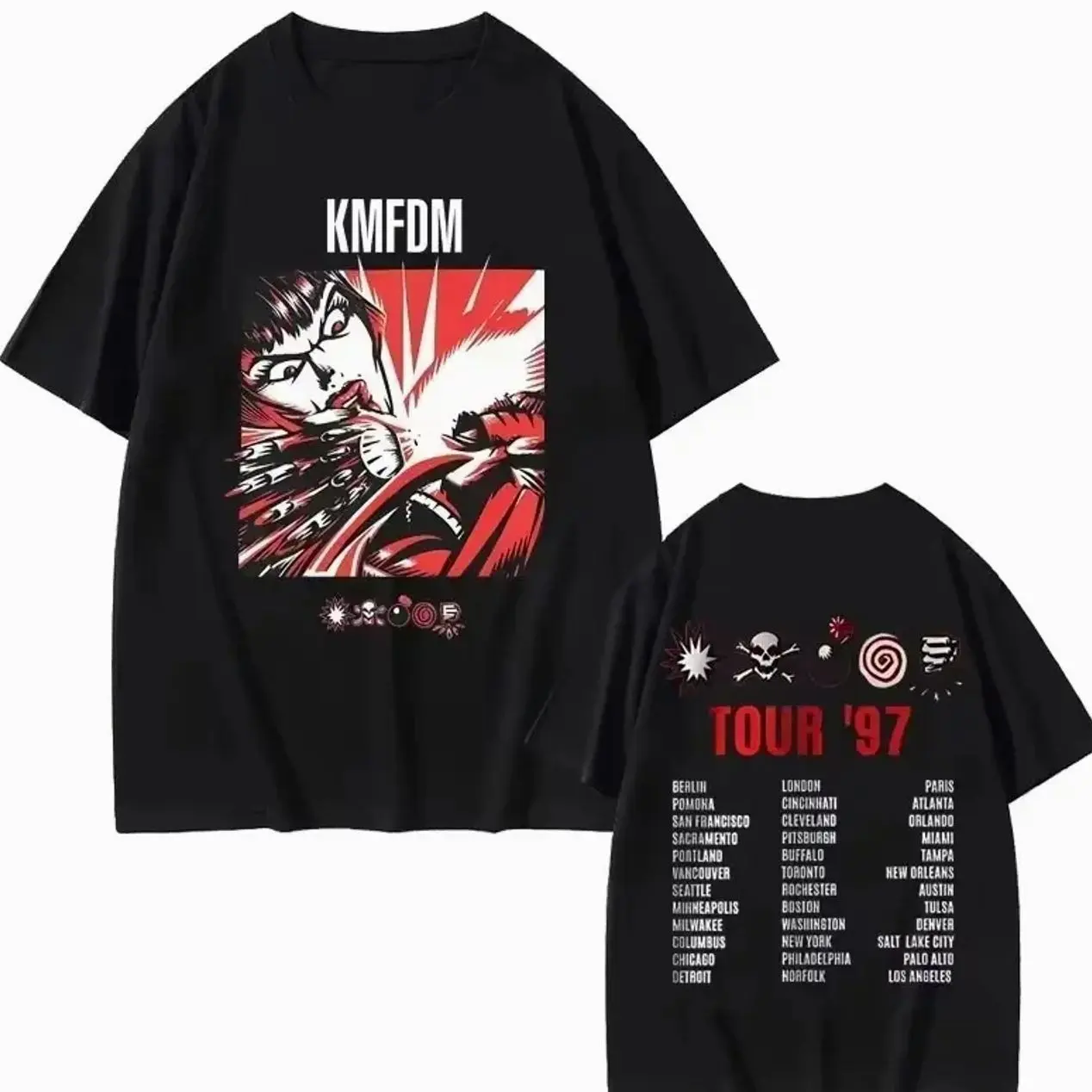 KMFDM Tour 97 T-Shirt, Vintage Gothic Punk Rock Band Graphic Tee, Y2K Streetwear Music Shirt, Unisex Cotton Comfortable Daily Outfit, Summer Menswear Womenswear Gift For Music Fans