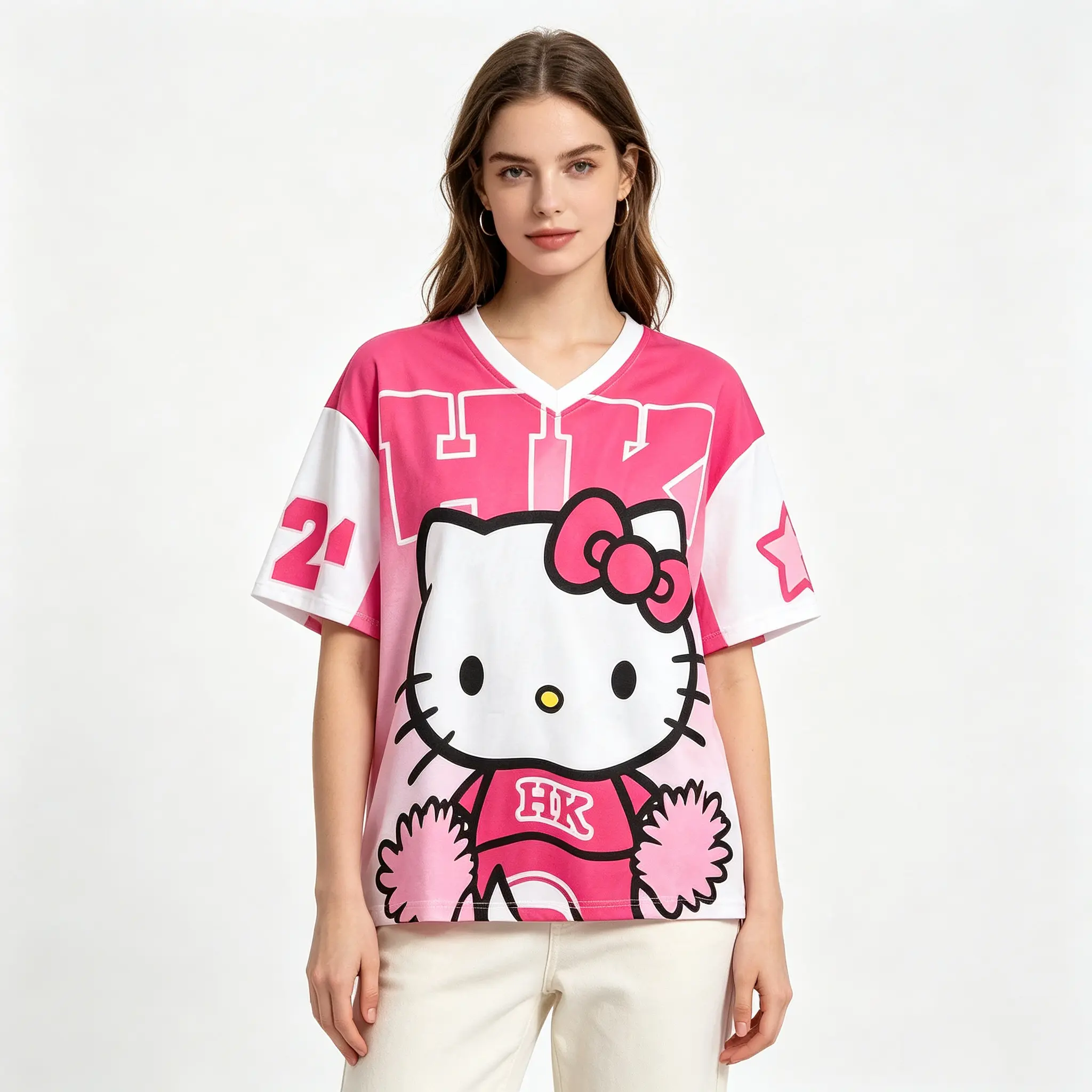 Women's Sanrio Hello Kitty Printed Short-Sleeve Sports Top - Female, Casual, Lightweight, Sporty Chic, Available in S/M Sizes, Playful Design