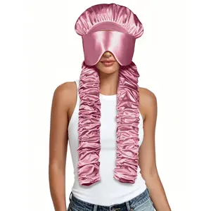 SeSe Code Extra Long Pleated Side Bands Bonnet with Eye Mask Elastic No Slip Hair Care Styling Cap