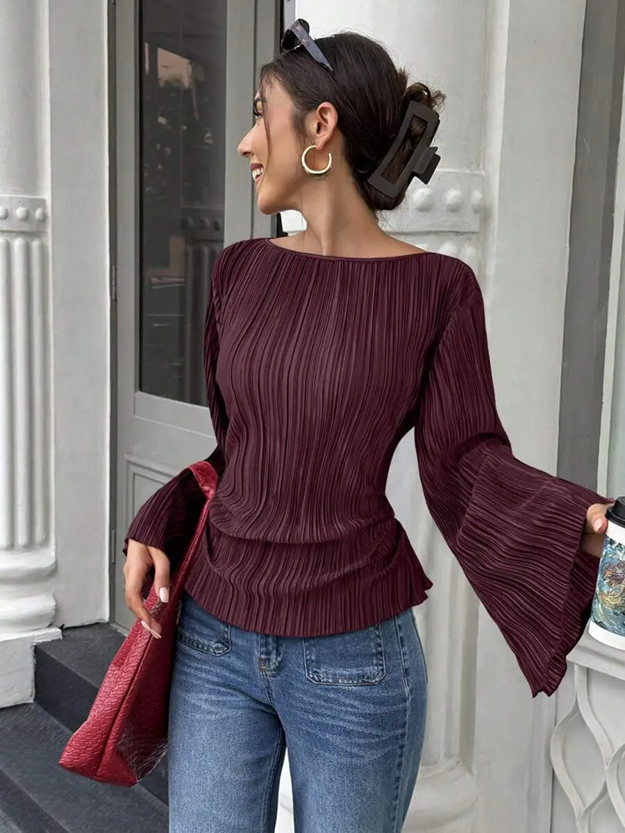 GRL Autumn/Winter Wide Round Neck Flare Sleeve Cinched Waist Pleated Shirt