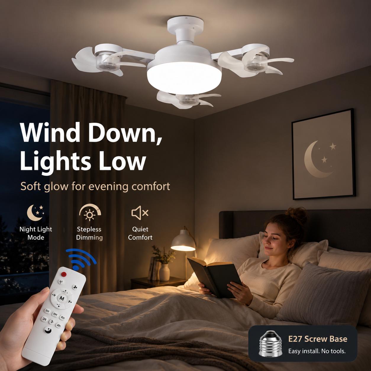 Modern Drone Style Ceiling Light with Foldable Mini Fan Blades, LED Flush Mount Lamp with Remote Control, E27 Socket Fixture for Bedroom Apartment Home Modern Drone Style Ceiling Light with Foldable Mini Fan Blades, LED Flush Mount Lamp with Remote Control, E27 Socket Fixture for Bedroom Apartment Home