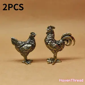 2-Piece Elegant Brass Rooster Statue Figurines, Decorative Animal Home Office Decor, Detailed Feathers and Comb Design, Rustic Desktop Display Gift