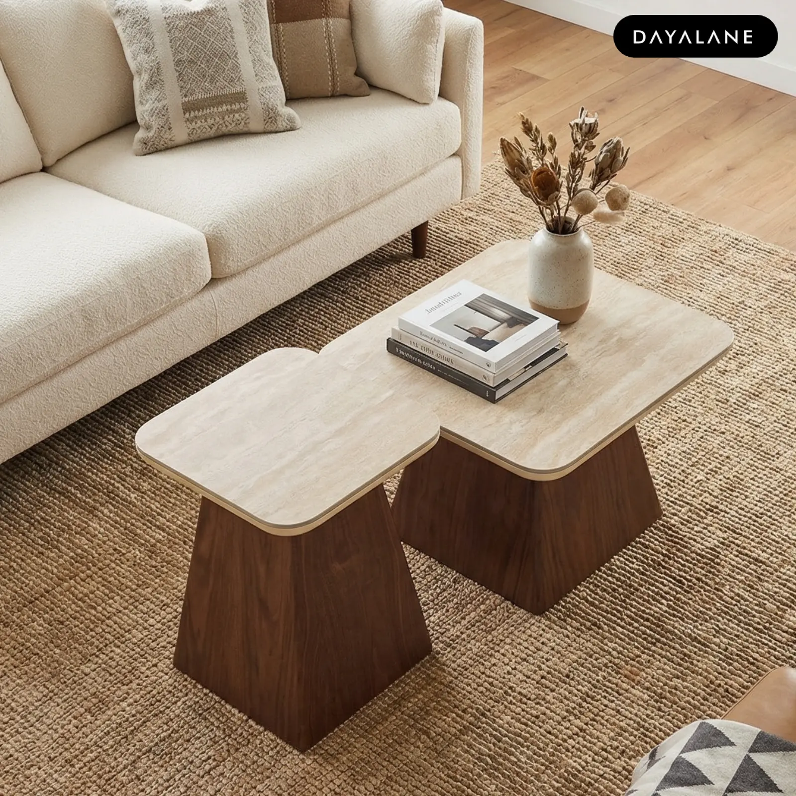 [SummerFinds]DAYALANE Modern Miller Nesting Coffee Table Set Travertine or Cultured Marble Top with Walnut Base, Mid-Century Nesting Side Tables for Living Room