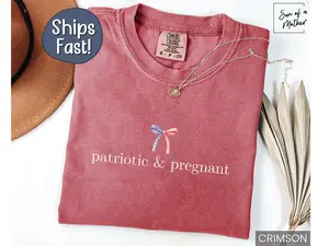 Comfort Colors® 4th Of July Patriotic And Pregnant T-shirt, Pregnancy Announcement Tee, Baby Reveal Shirt, Expecting Mom Sweatshirt, Mother's Day Gift