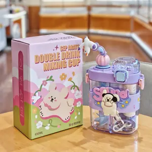 Cute Dog Dual Compartment Water Bottle with Straw, 2-in-1 Split Water Cup with Blender, Reusable Cartoon Puppy Tumbler for Kids, Girls, Iced Coffee, Smoothie, Juice