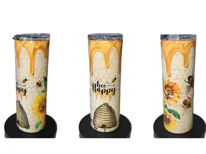 BEE HAPPY (20oz Stainless Steel Skinny Tumbler with Push Top, Sliding Lid, and Reusable Straw)  Drinkware Washable Portable Cup