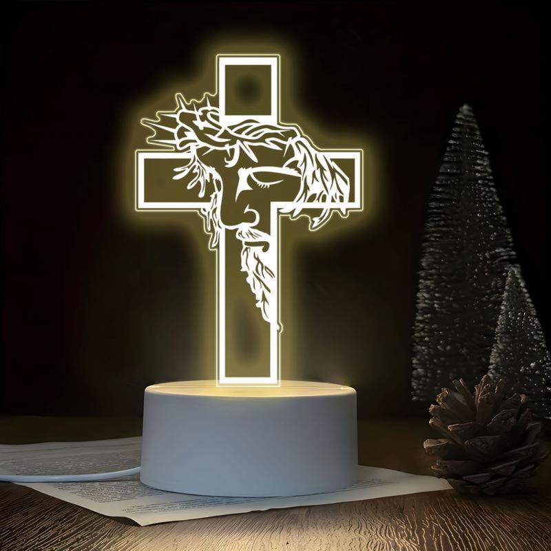Jesus Cross 3D Night Light - Christian Religious Faith LED Lamp, Catholic Gift for Men Women, Aesthetic Acrylic Room Decor for Bedroom Prayer & Church, USB Powered