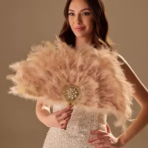 Luxury Feather Fan – Handcrafted with Gold & Rhinestone Trim, Elegant Unique Fan