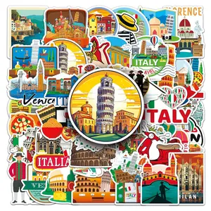 50Pcs Italy Travel Stickers, Cartoon Pattern PVC Decorative Stickers for Water Bottles, Phone Cases, Luggage, Outdoor Use Accessories