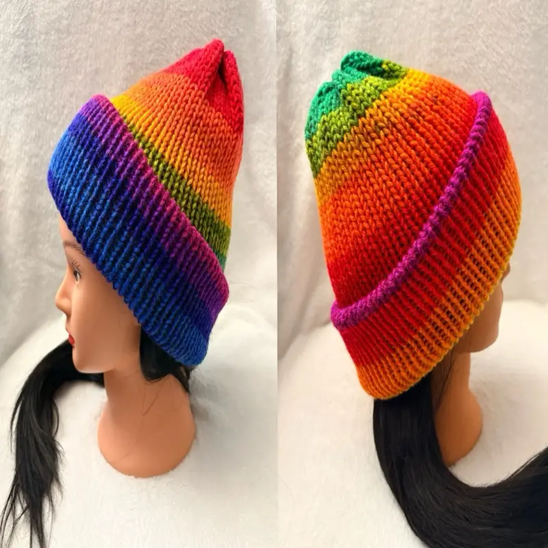 Reversible Rainbow Knitted Adult Beanie