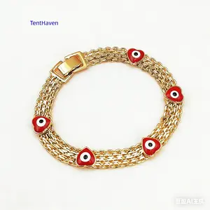 Boho-Chic Evil Eye Charm Bracelet for Women - Luxe Wide Golden-Tone Copper Chain with Red Bead Charms, Everyday Jewelry & Festival Gift, Durable Protection Symbolism, Year-Round Bohemian Accessory, Cute Jewelry, Festival Accessories