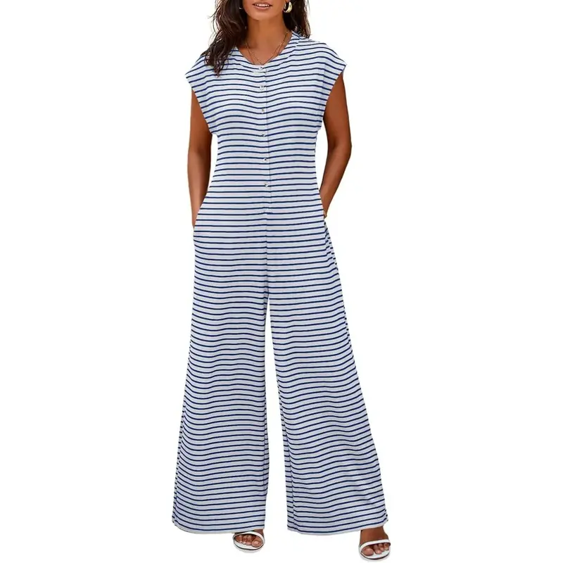 Cicy Bell Women's 2026 Striped Waffle Knit Overalls - Loose-Fit Long Pants, Crew Neck Cap Sleeve, Button-Down Polyester Blend with Side Pockets, Machine Wash Cold for Sports & Outdoor Use