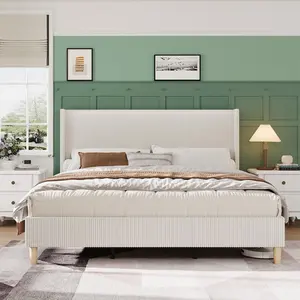 Corduroy Full Size Bed Frame with Tall Tufted Wingback Headboard & Protective Back Panel, Sturdy Wooden Slats - No Box Spring Needed，Beige