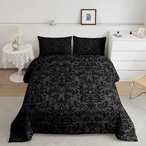 Victorian Baroque Down Comforter with 2 Pillowcases in Jet Black