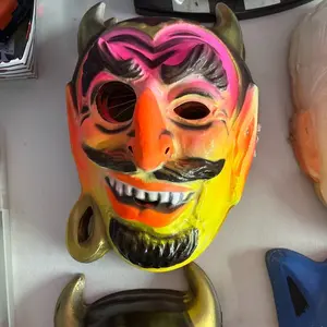 Ben Cooper Devil Mask - Vibrant Orange and Yellow Design with Horns and Smiling Face for Halloween Costumes