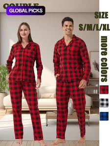 couple's plaid print button front pajama two-piece set, casual comfy long sleeve pocket top & elastic waist pants pj set, valentine's day gift, couple's sleepwear nightwears for spring & fall, valentine's day, couple matching loungewear set,  sleep sets