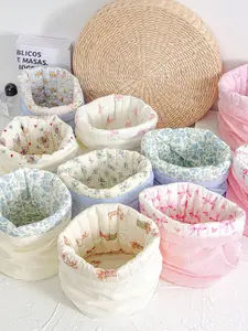 Cute Velvet Flower Design Storage Basket, Pull String Storage Basket, Desktop Storage Basket, Heart Pattern Cosmetic Storage Basket, Floral Pattern Basket