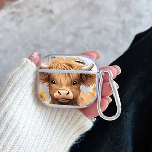 Fluffy Highland Cow Pattern TPU Soft Protective Case for Apple AirPods 4/3/2/1/Pro/Pro2 Transparent Earphone Cover with Keychain Attachment