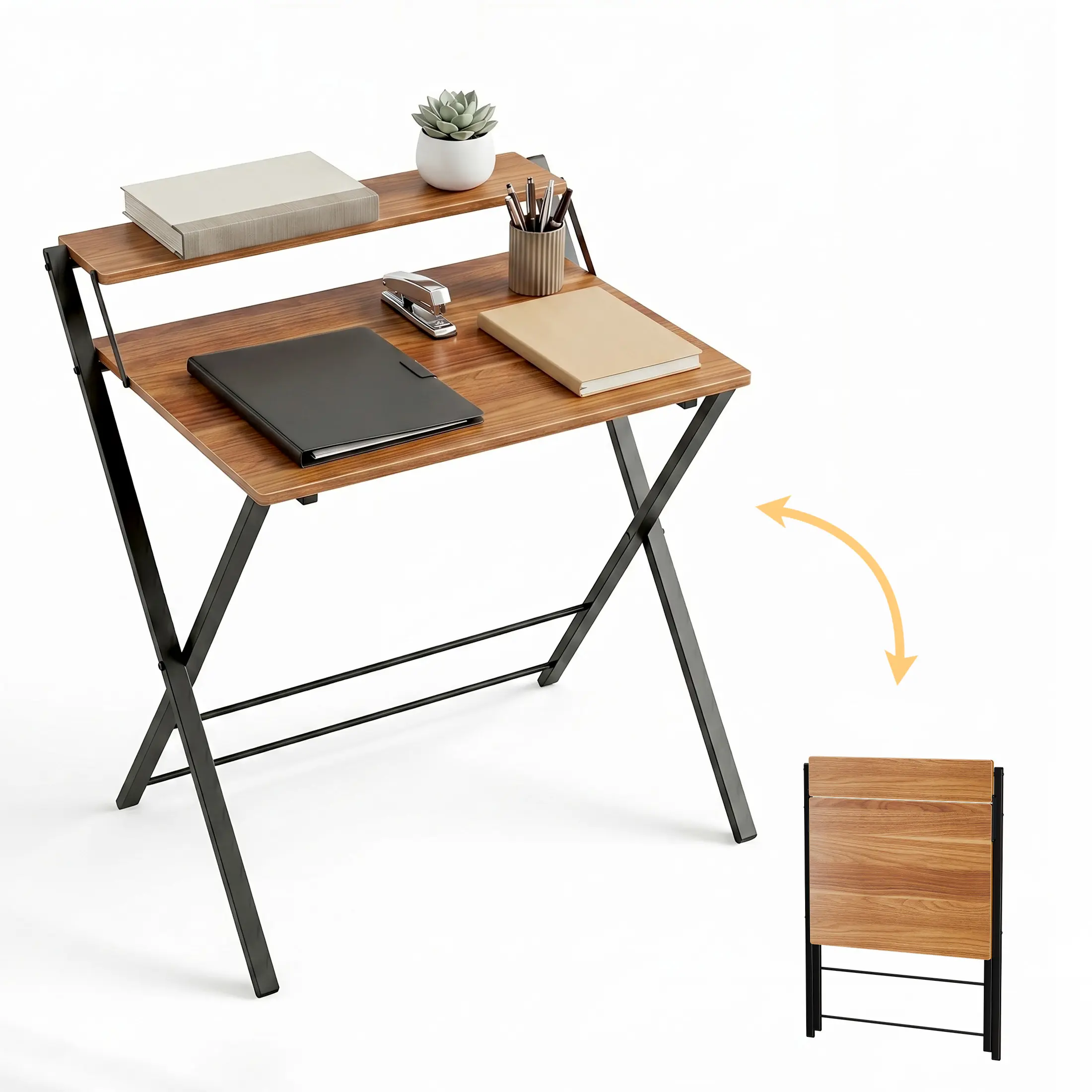 Folding Desk With Double Layer Shelf, Instant Setup No Tools Needed, Small Computer Table With X Frame 200 LBS Capacity For Dorm Apartment Home Office