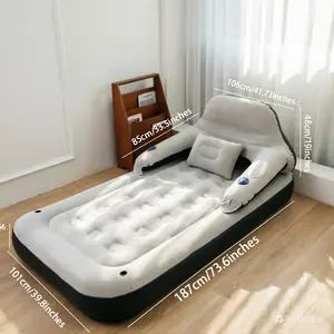 Single-size air mattress bed with inflatable pillow, can be inflated for use, suitable for camping and guest rooms.