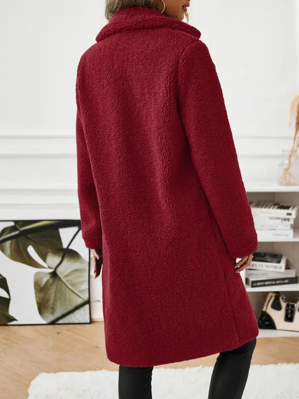 Women's Solid Button Front Lapel Neck Fuzzy Coat, Casual Warm Long Sleeve Coat for Fall & Winter, Women's Clothing for Daily Wear 5