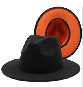 Men's and women's two-color fedora hat, wide-brimmed Panama felt hat, jazz hat, party wedding top hat - black and orange