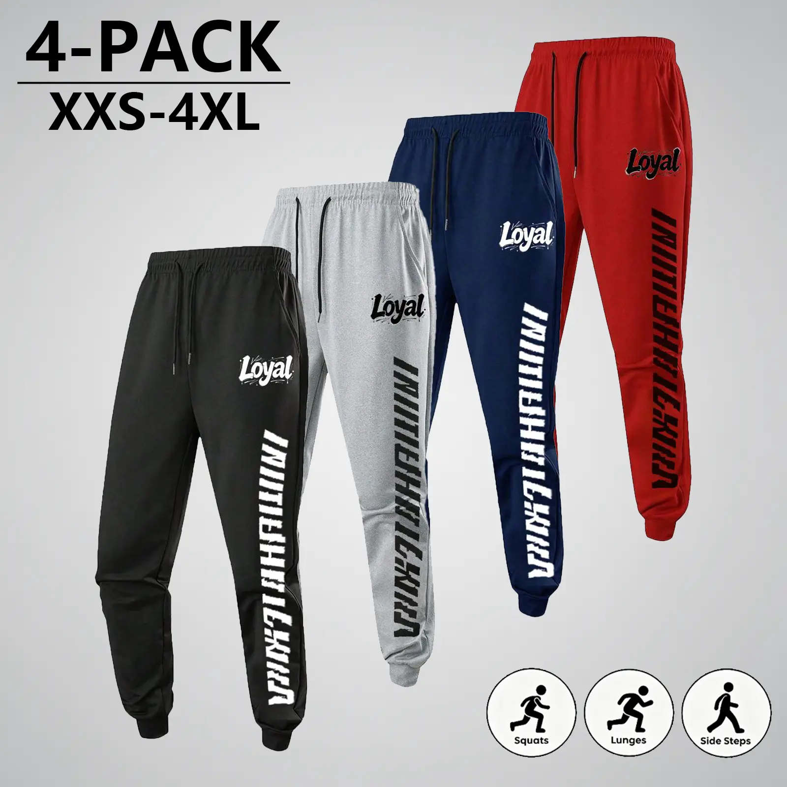 Men’s 4 Pack Cuffed Jogger Pants, Elastic Waist Streetwear Sweatpants #JoggerPants #Streetwear #PrintedSweatpants #GymTrainingTrousers