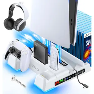 PS5/Slim/Pro Stand and Cooling Station with LED Controller Charging Station for  5 Console, Controller Charger, Cooling Stand, PS5/Slim/Pro Accessories Kit with 3 Level Cooler Fan