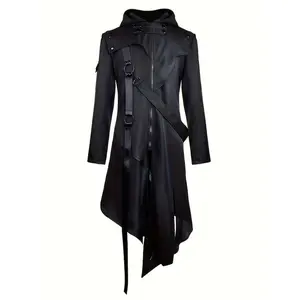 [Gothic|Punk]BlackHoodedUniqueGothicMid-LengthPunkCoat|NewforMen|SuitableforHalloweeninWesternStyle