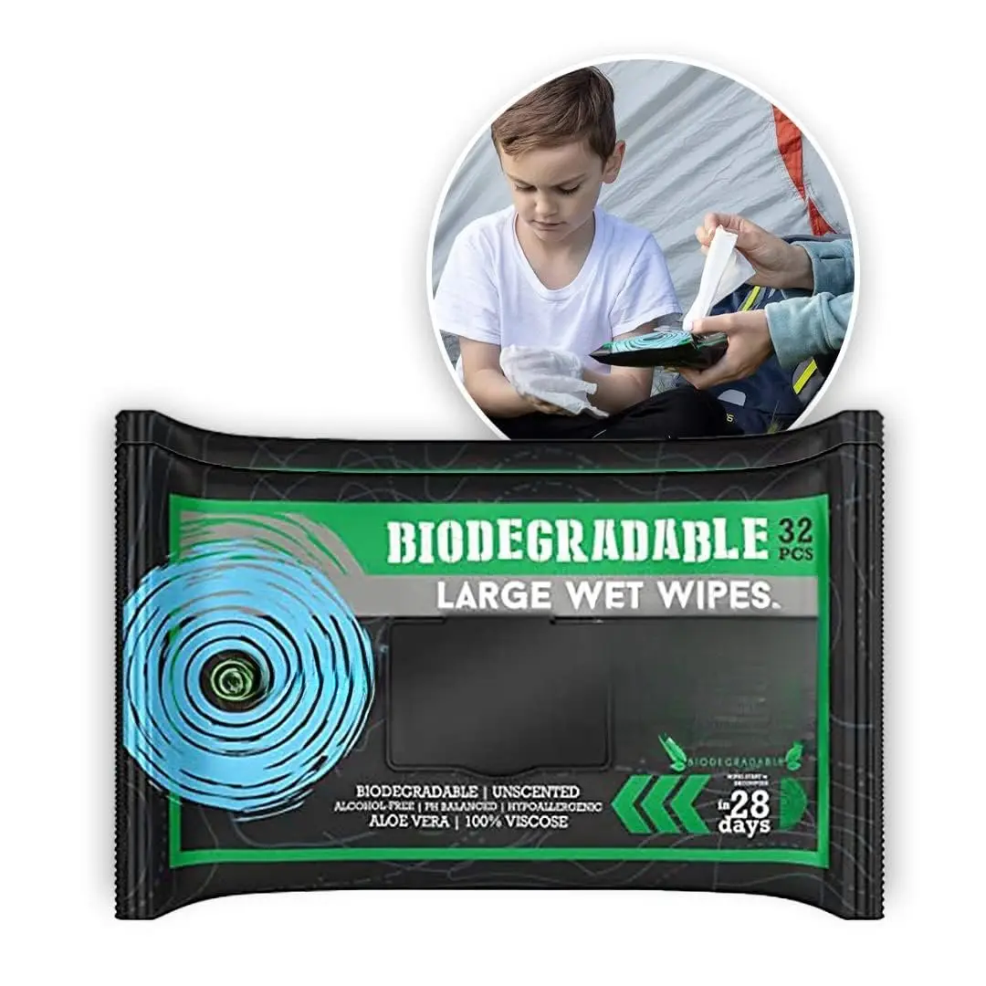 Biodegradable Wipes Men or Women - Shower Wet Wipes ,  &  - Outdoors, Travel, Camping &  Workout - Total of 32 Wipes - 32 Count, Pack of 1