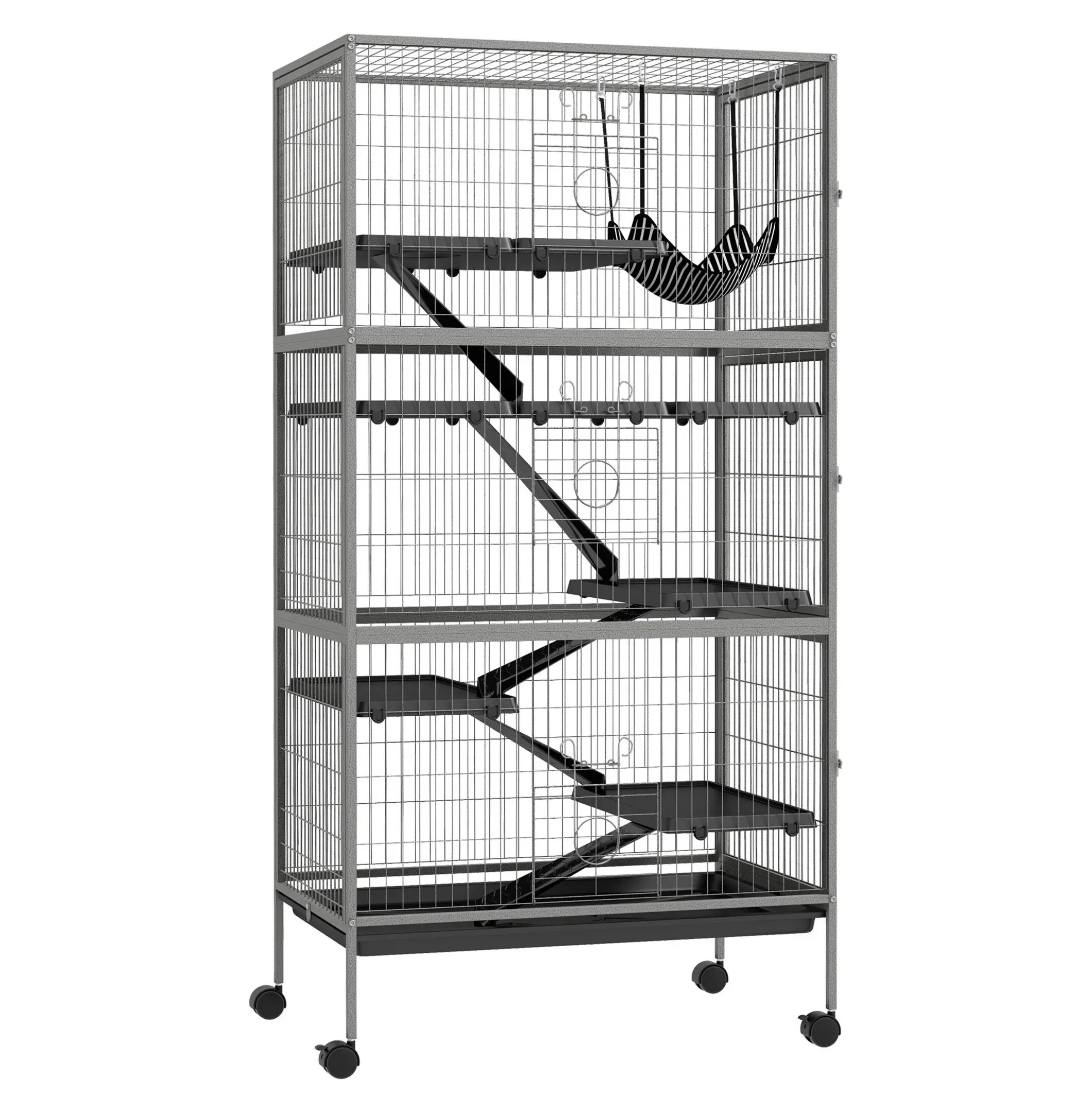 Ferret Cage 63" 6-Tier Small Animal Cage, Chinchilla Habitat with Hammock - Steel Wire, 6 Doors, Removable Tray, Gray Gray + Iron+Plastic