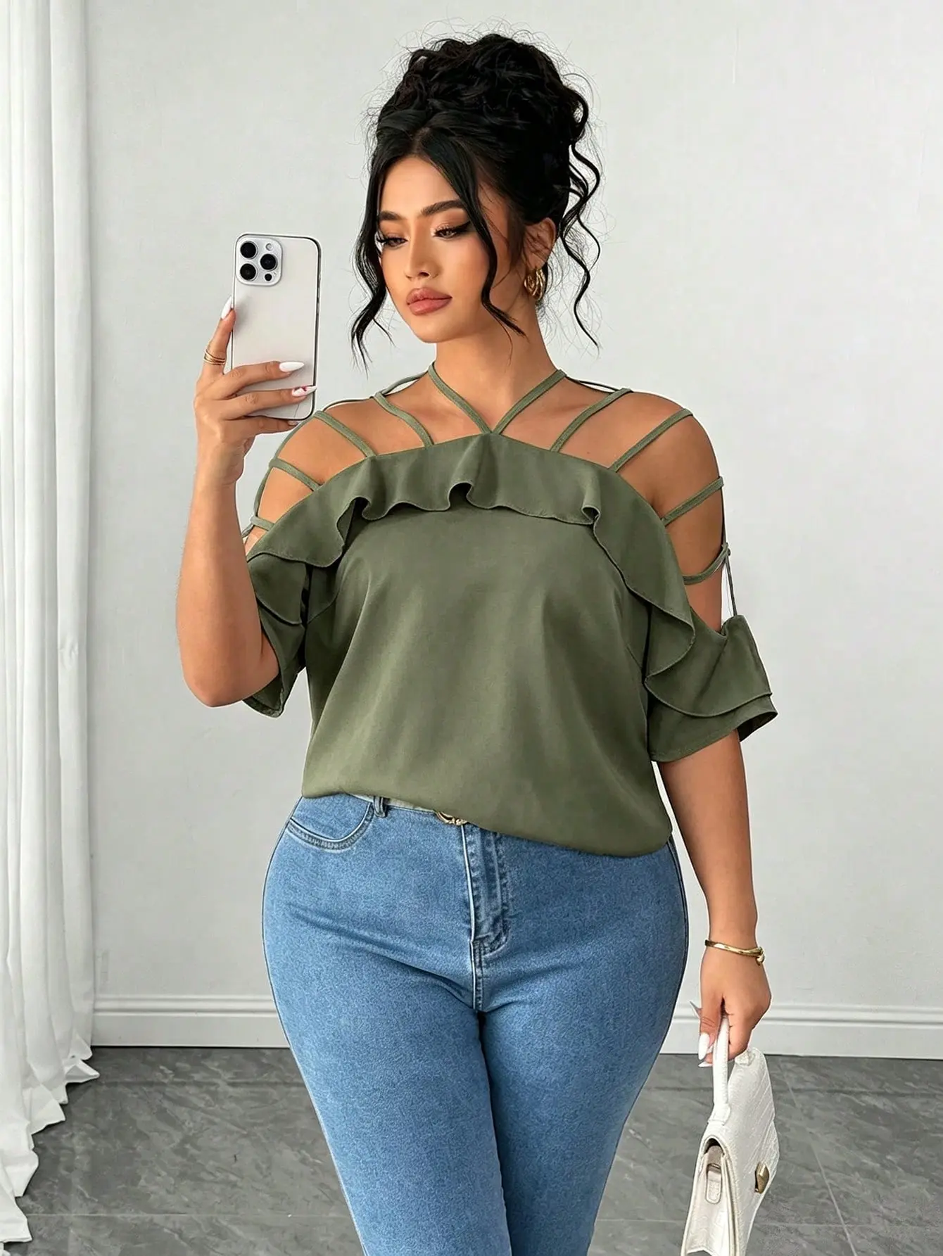 LALUZ Casual Vacation Blouse Plus Size Women Hollow Out Off Shoulder Ruffle Short Sleeve Loose Top Beach Wear