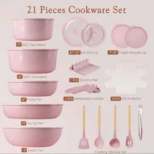 21 Pcs Pots and Pans Set Non Stick, Ceramic Cookware Set Detachable Handle, RV K