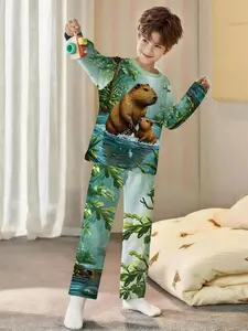 Jungle Capybara 2-piece boys' digital printed long-sleeve pajamas with extended length pants, made of flame-retardant fabric. A stylish, trendy, casual, comfortable and soft pajama set, suitable for sleeping and home leisure. 100% polyester, perfect for b
