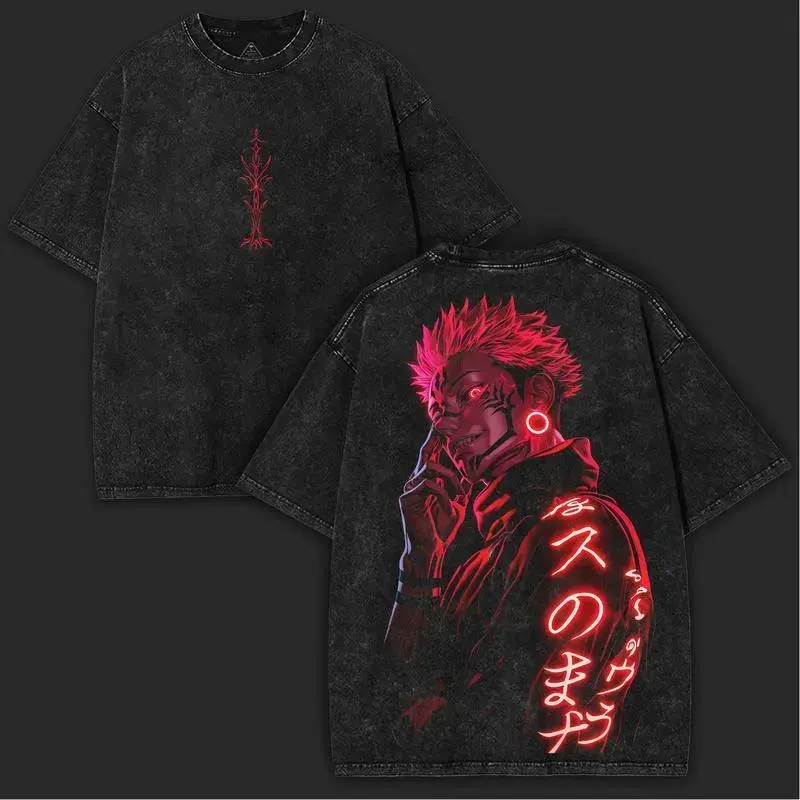 Men's Ryomen Sukuna Jujutsu Kaisen Oversized Baggy Loose Heavy Cotton Neon Red Short-Sleeve Casual Graphic Tee - Double-Sided Big Bold Prints, Anime Collector Essential, Menswear Spring Wear, Shortsleeve, Stylish, Tshirt