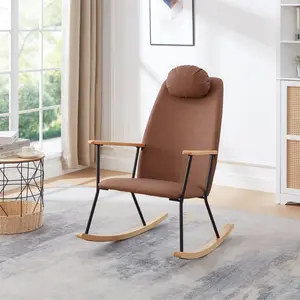 【GOOGREAT】Adjustable Headrest Pillow Rocking Chair, Technical Leather Upholstered Glider Rocker with High Backrest, Modern Rocking Accent Chairs Comfy Side Chair for Nursery, Bedroom, Living Room (Brown)