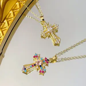 Vintage Punk Cross Necklace, Personalized Zircon Cross Pendant, Niche Titanium Steel Collarbone Necklace