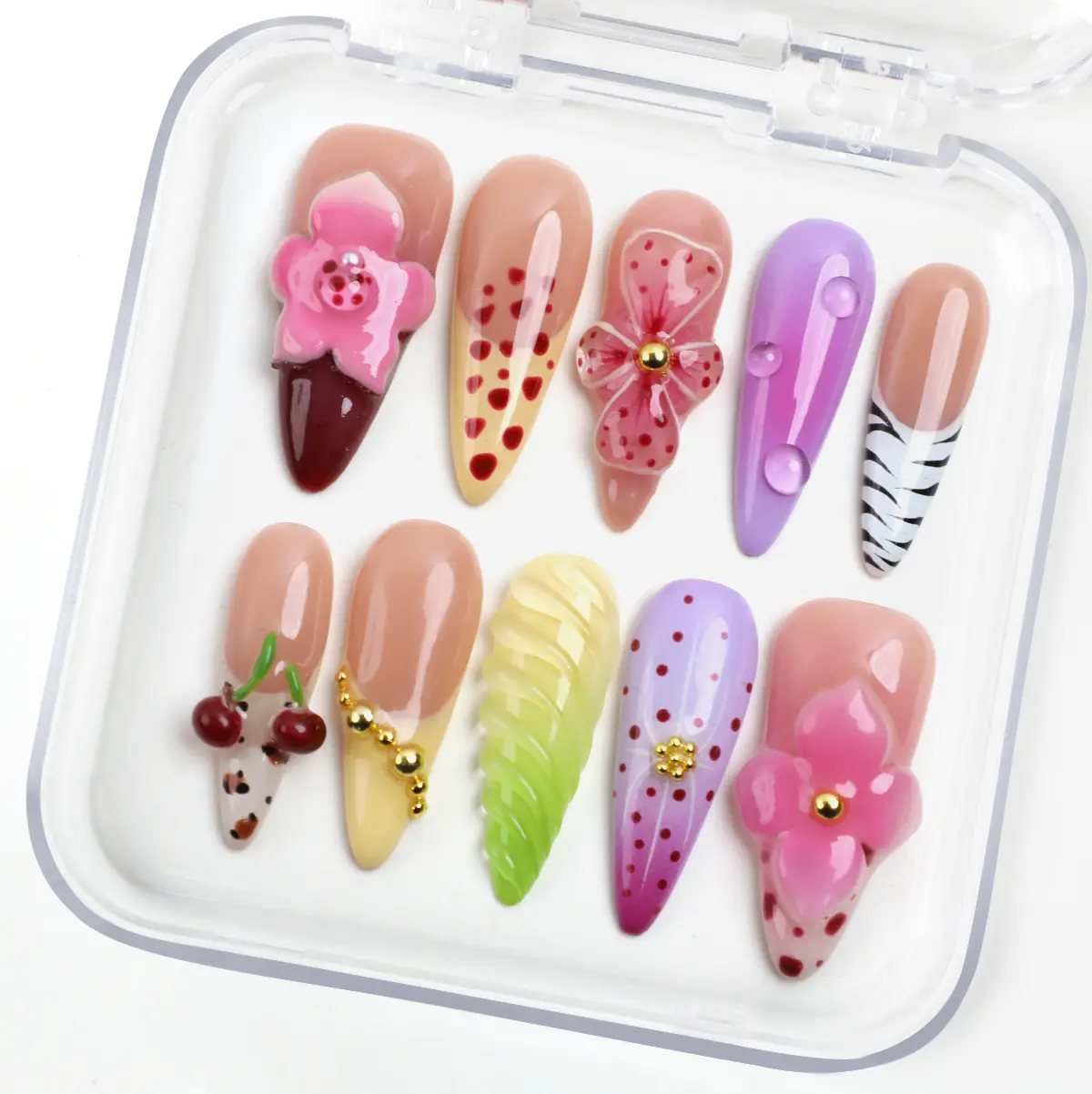 Spring Fling Press on Nails|100% 3D Handmade Acrylic |Stiletto Shape | Reusable& Long lasting Salon Quality | Elegant Daily & Party Nails