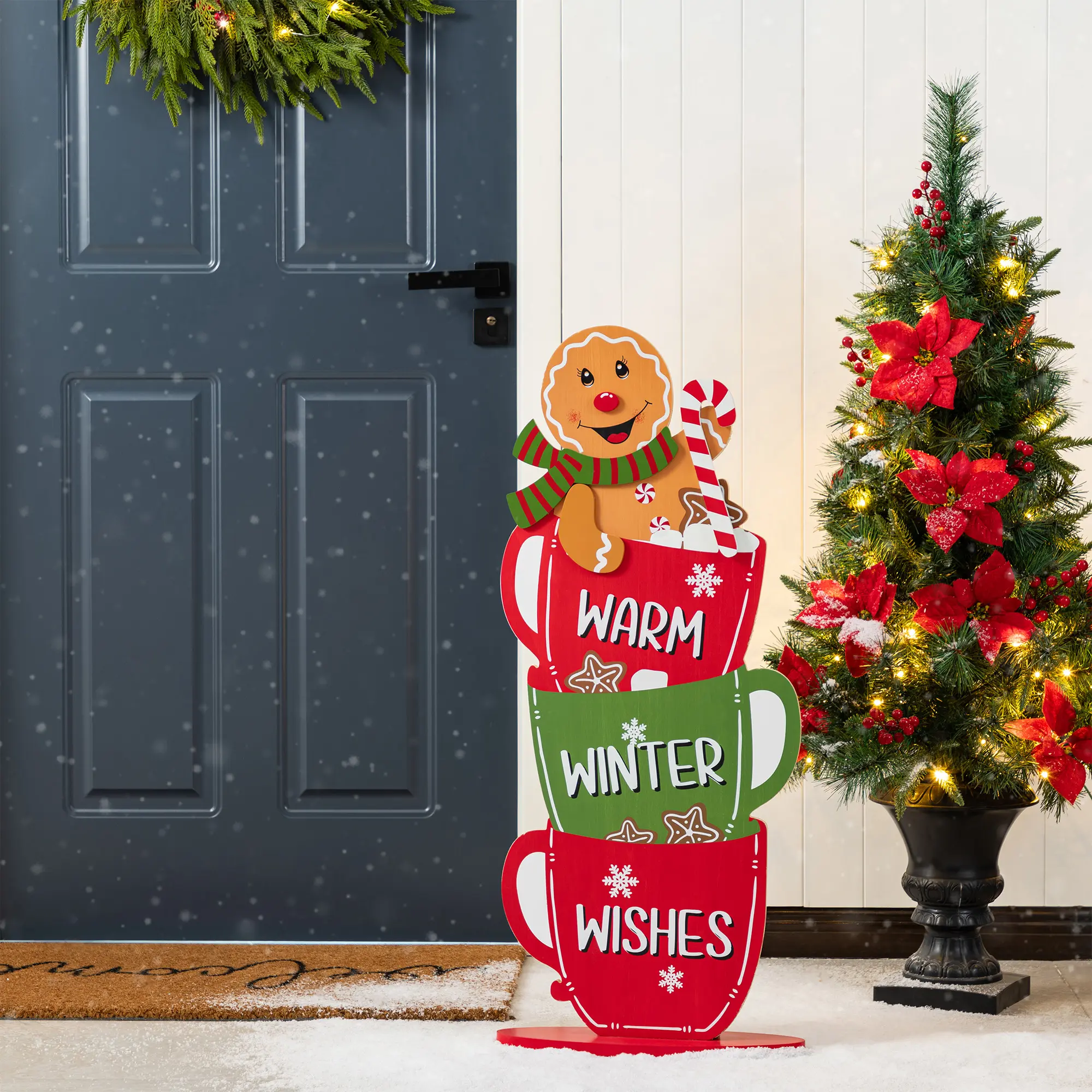 【Christmas in July】 Glitzhome 34.50"H Wooden Christmas Gingerbread Man on Coffee Cup Porch Decor (KD)