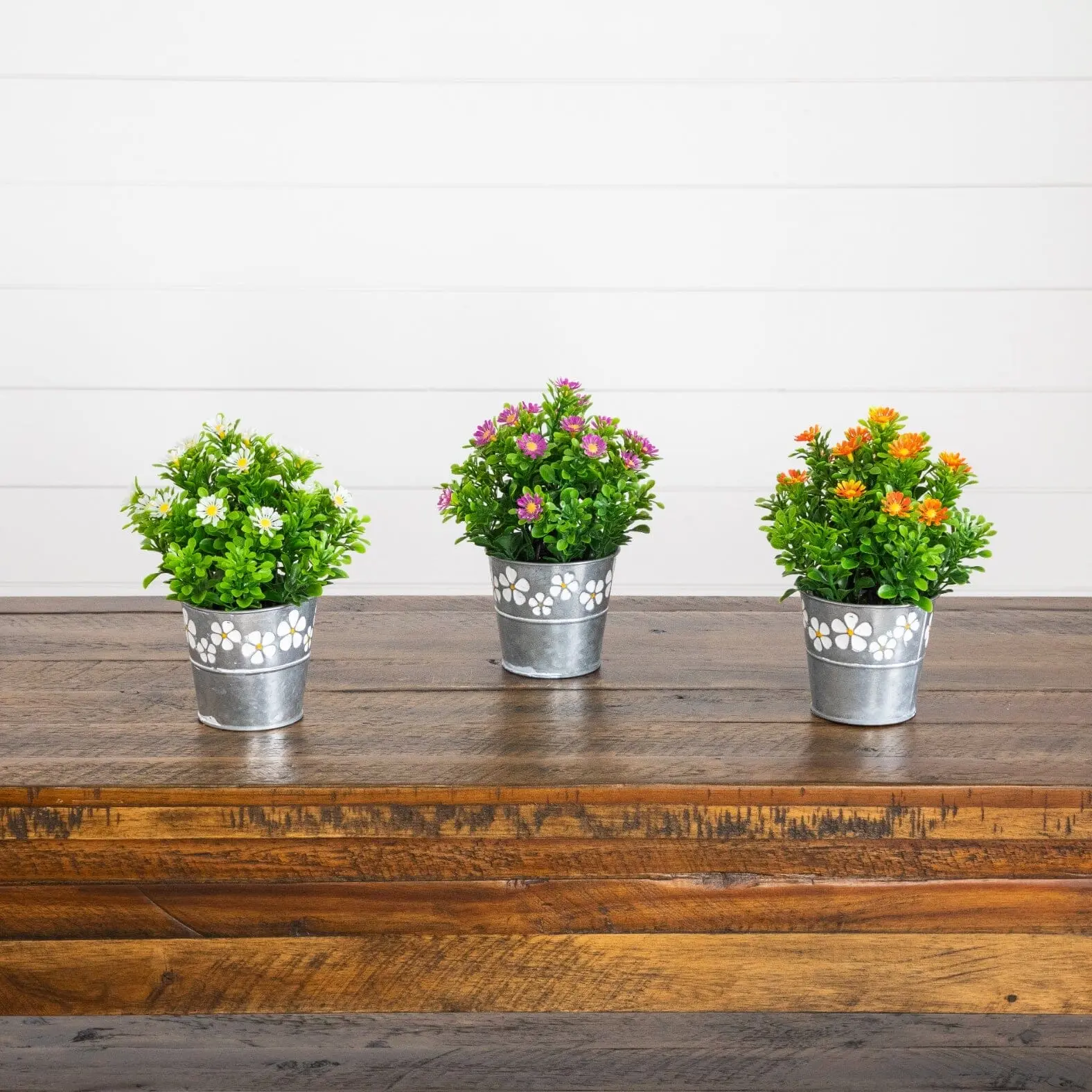 8” Artificial Daisy Plant in Decorative Daisy Tin Planter -Set of 3