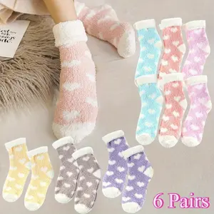 Pack of 6 Multi-color Fluffy Warm Socks, Winter Home Plush Slipper Socks, Women'S Fluffy Breathable Calf Socks, Comfortable and Soft Floor Socks, Suitable for Daily Warmth in Winter