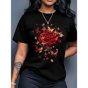 Women's Casual Loose Short Sleeve T-Shirt - Round Neck, Chic Vibrant Butterfly & Rose Print, Comfy Basic Undershirt, Machine Washable - Ideal for Summer Sports & Outdoor Activities