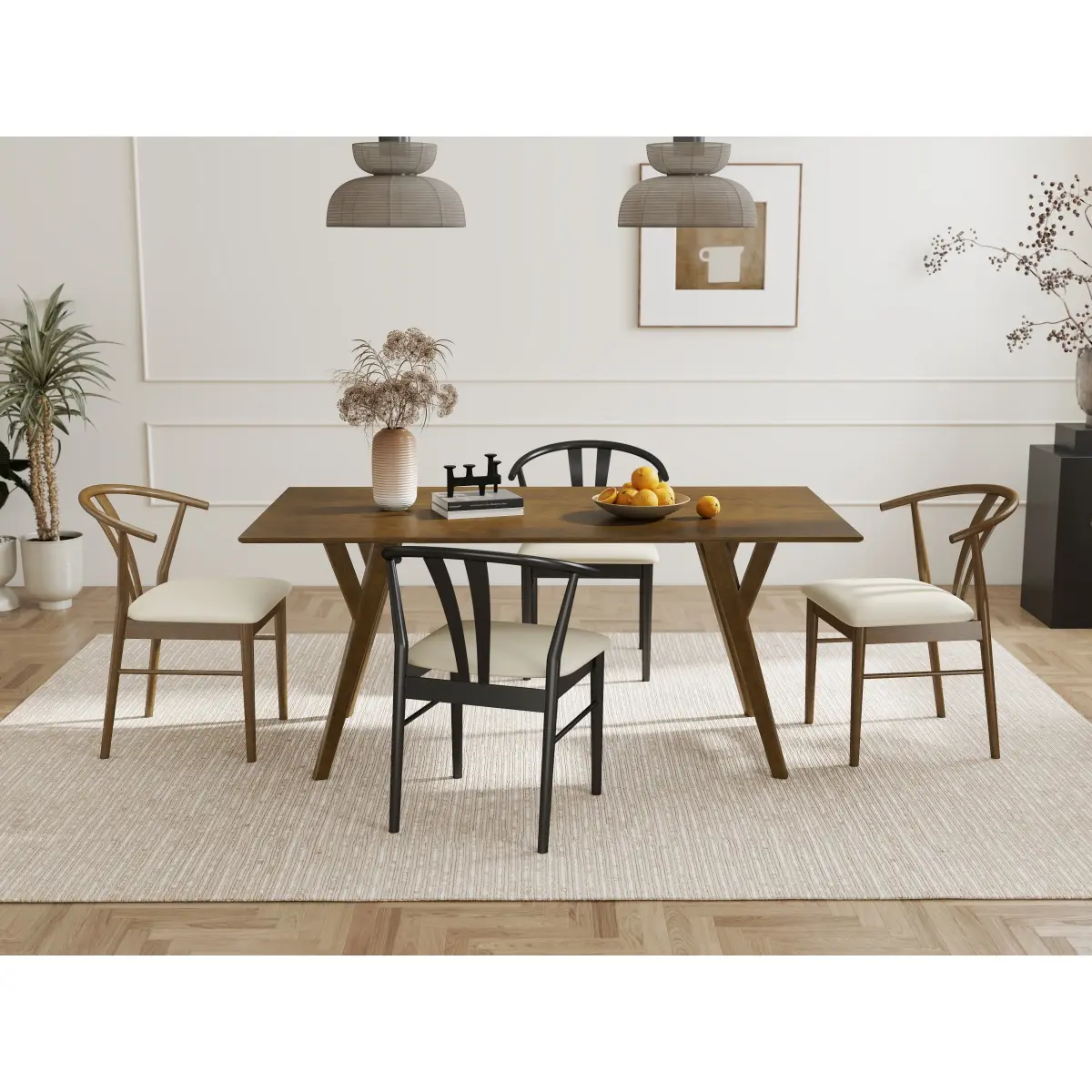 Lavin Modern 5-Piece Sturdy Wood Rectangular Indoor Dining Set - 70"w x 35.4"d x 29"h Table, 2 Walnut Wishbone Chairs, 2 Black PU Leather Upholstered Padded-Seat Wishbone Chairs, Assembly Required, Combo Item, Chair: 22.83"W X 20"D X 31.1"H