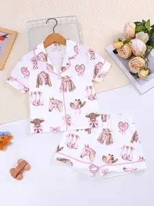 Cute Little Horse Print Fire Retardant Fabric Sleepwear Set, Casual Loose Fit Short Sleeve Top and Elastic Shorts, Pajama Set