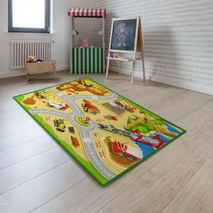 Booooom Jackson Construction Site Play Rug, Non-Slip Construction Vehicles Play Mat for Playroom, Car Activity Carpet